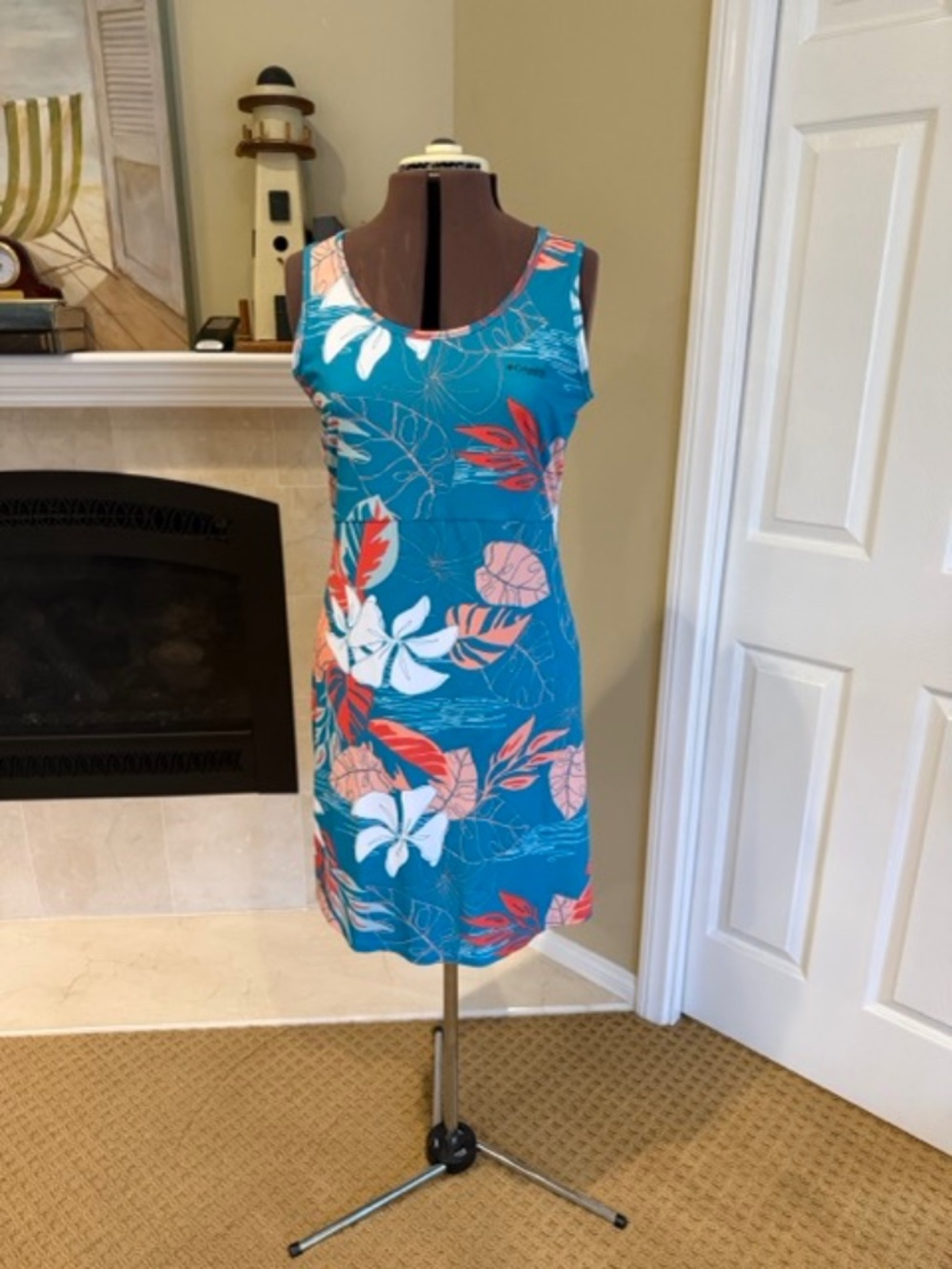 Columbia Tropical Floral Sleeveless Dress Teal Coral Size L